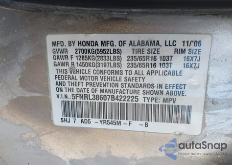 2007 Honda Odyssey Ex-L from USA, damaged, VIN 5FNRL38607B422225